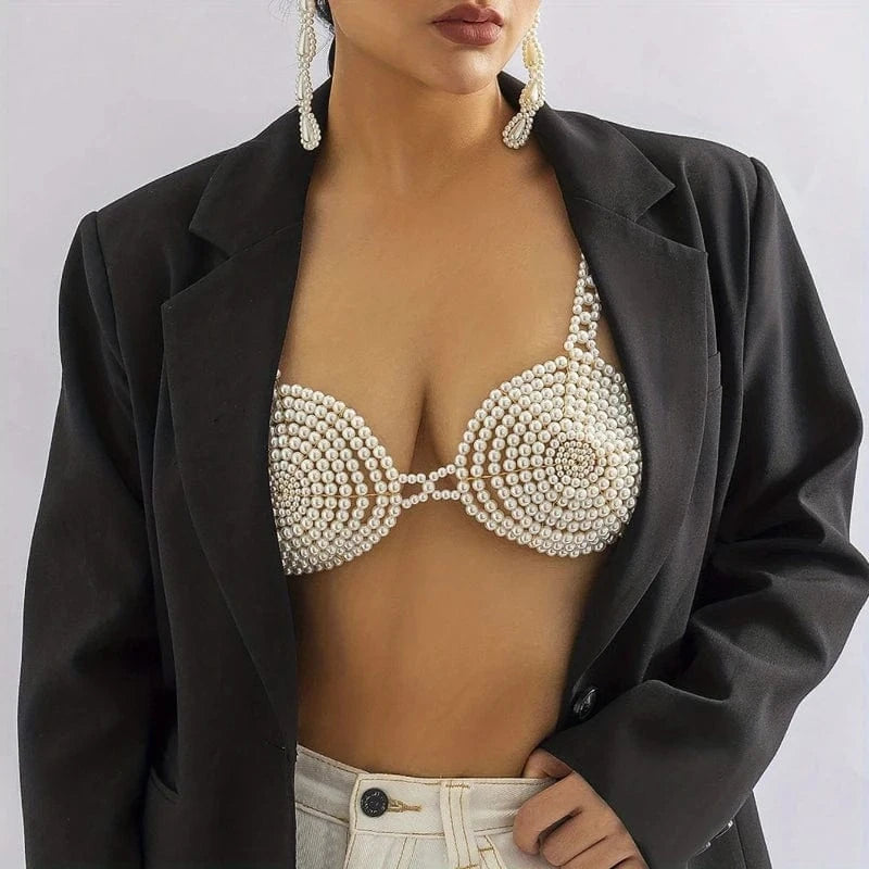 Free / White Sexy Bikini Party Bra Body Chain With Handmade Faux Pearls Beads Beach Carnival Party Chest Chain Lingerie Decoration Chain