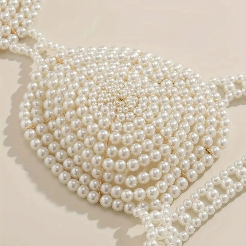 Free / White Sexy Bikini Party Bra Body Chain With Handmade Faux Pearls Beads Beach Carnival Party Chest Chain Lingerie Decoration Chain