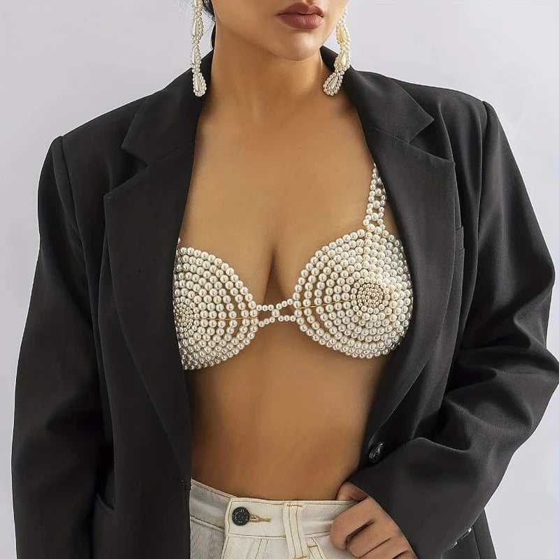 Free / White Sexy Bikini Party Bra Body Chain With Handmade Faux Pearls Beads Beach Carnival Party Chest Chain Lingerie Decoration Chain