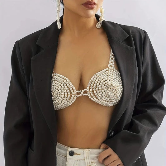 Free / White Sexy Bikini Party Bra Body Chain With Handmade Faux Pearls Beads Beach Carnival Party Chest Chain Lingerie Decoration Chain