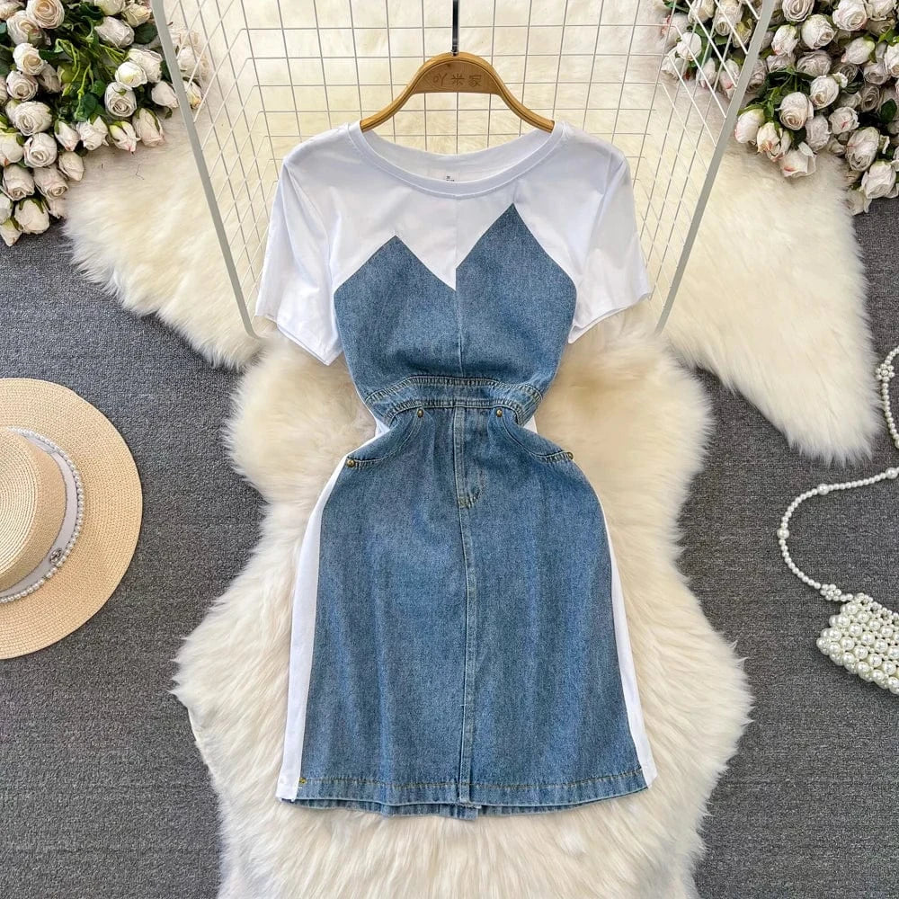 Free / White Short Sleeve O-neck Solid A-line Dress Summer Contrast Color Denim High Waist Midi Dress Ladies Casual Dress Clothes Women