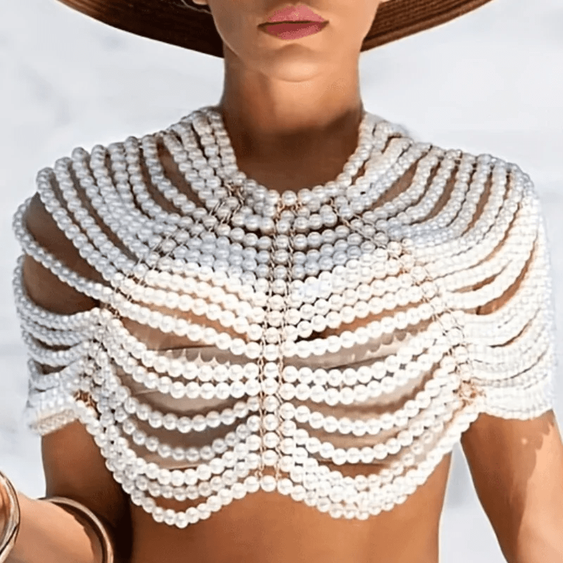Free / White Simple Style Beaded Body Chain Handmade Faux Pearls Shawl Chain Elegant Body Jewelry Accessories bustier For Women Girls