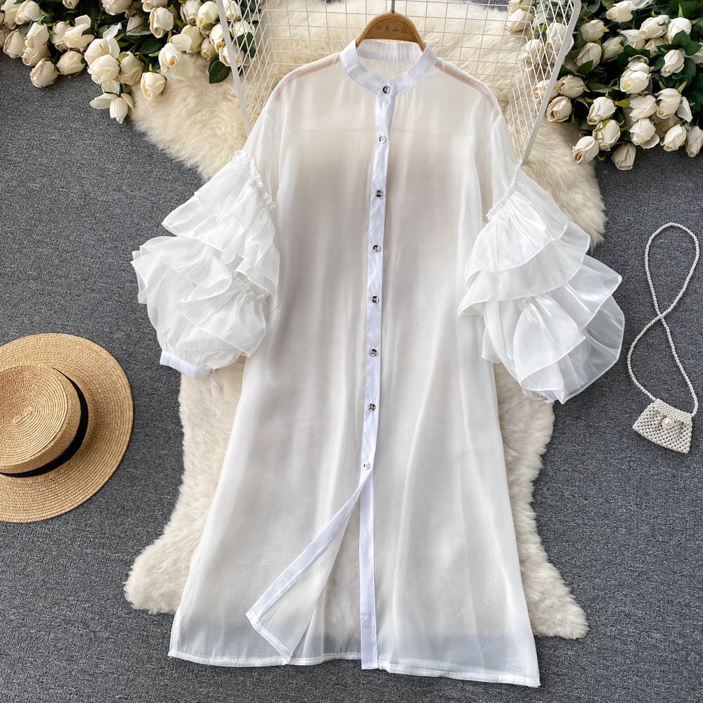 Free / White Spring New European And American French Lotus Leaf Sleeve Loose Shirt Casual Dress