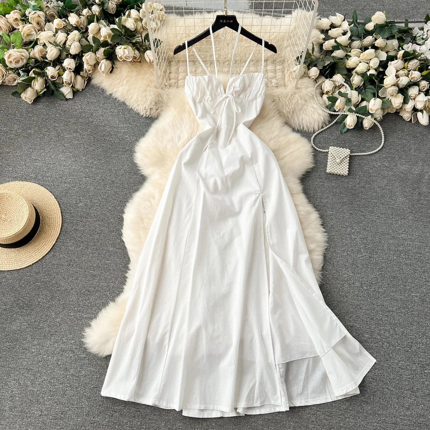 Free / White Summer Casual Halter Slit Dress For Women Sleeveless Hollow Out Women's Fashion Dresses