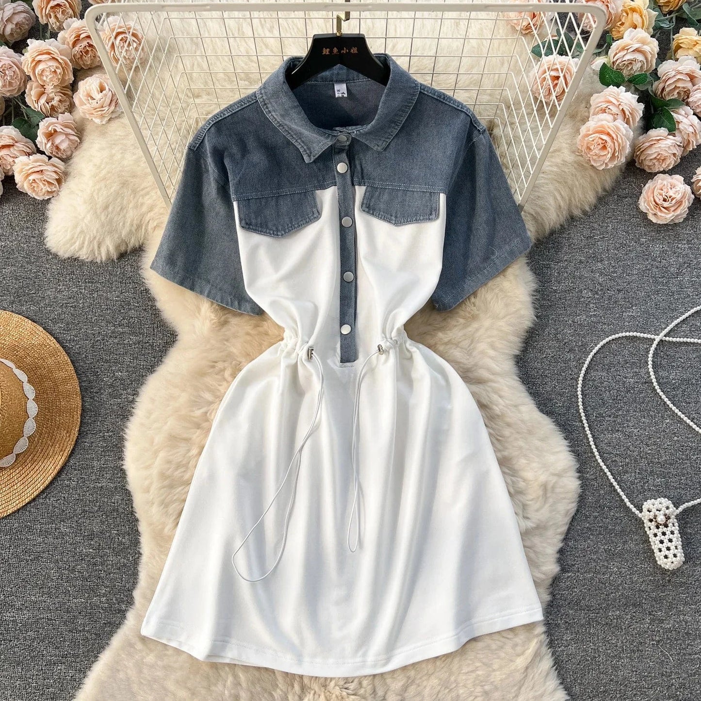 Free / White Summer Casual Polo Collar Midi Dress For Women Empire Patchwork Contrast Color Denim Fashion Dresses