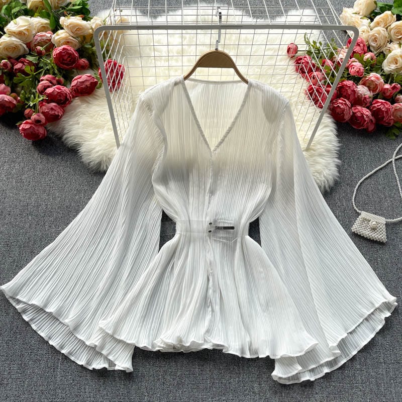 Free / White Summer Fashion Casual Street Shirts Women's Korean Chiffon Shirts Flared Sleeves V-Neck Pleated Solid Color Office Tops