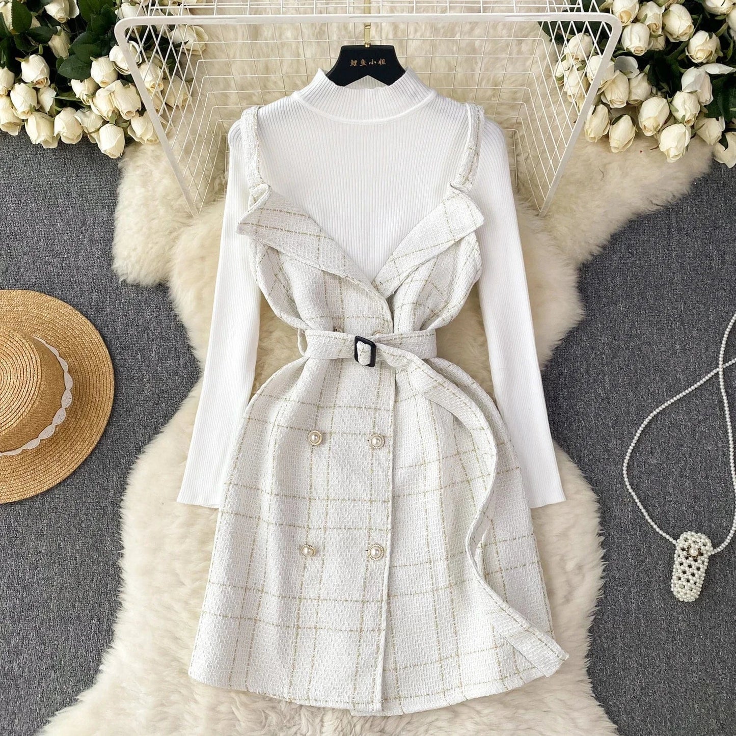 Free / White Women A Line Tweed Plaid Spaghetti Straps Dress Two-piece Bottoming Sweater Female Knitted Dress Set