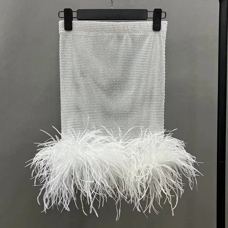 Free / White Women Party Sexy Mini Skirt Fluffy Ostrich Feather Has Elasticity Rhinestone Mesh Dress