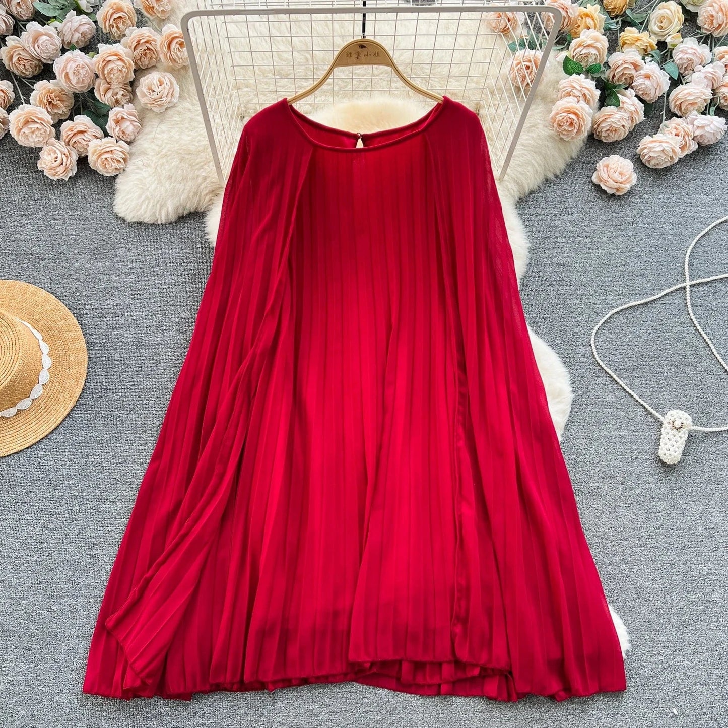Free / wind red Peter Pan Collar Solid Pleated Dress Autumn Draped High Waist Midi Dress Ladies Elegant Dresses Clothes Women