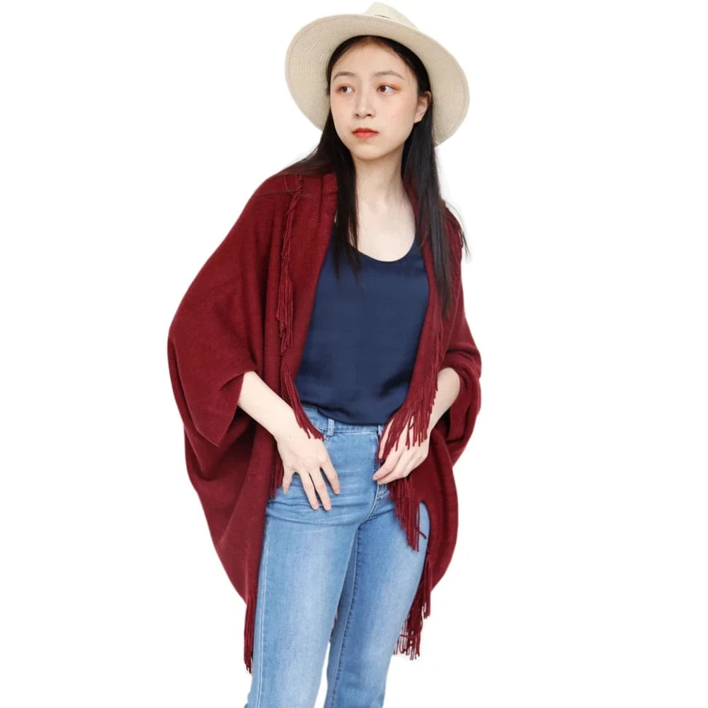 Free / wine red Casual Style Turn-down Collar And Tassels Acrylic Cashmere Knit Female Plus Size Shrugs For Dresses