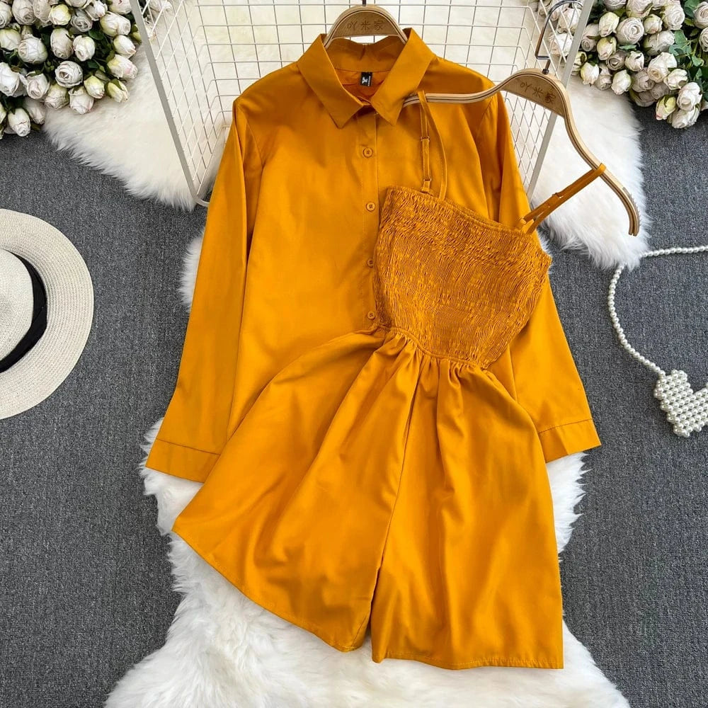 Free / Yellow 2Pcs Set Woman Lazy Fashion Suit Women'S Summer Niche Design High-Class Loose Sunscreen Shirt+Wide Leg Suspenders Culottes Set