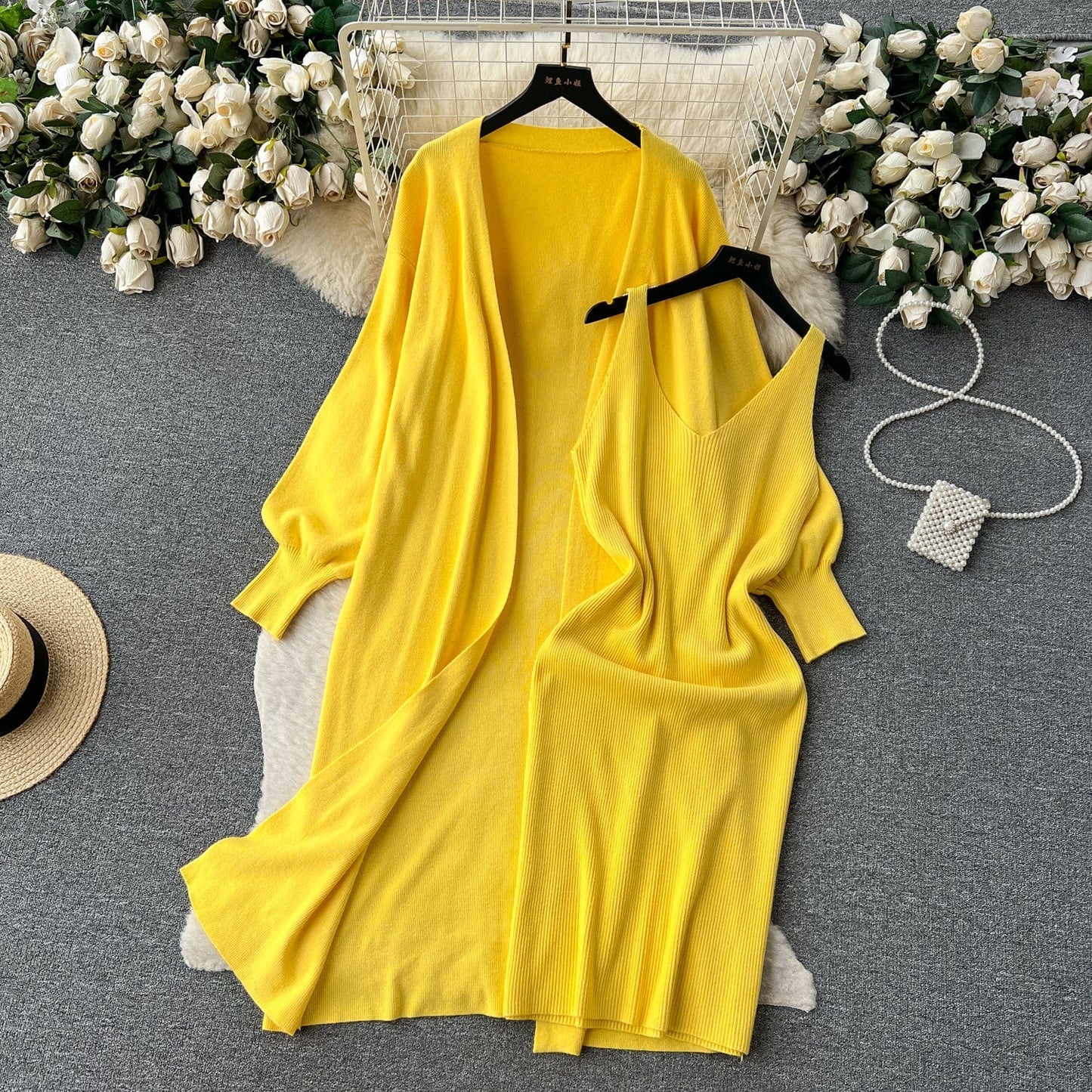Free / Yellow High-Grade Solid Color Knitted Fashion set Women's Autumn V-Neck Halters Dress + Loose Slim Long-Sleeved Top