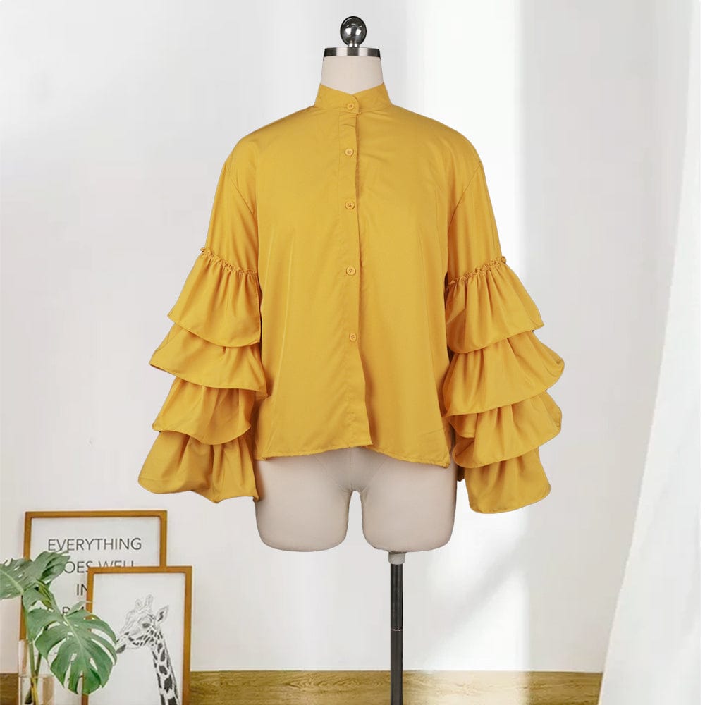 Free / Yellow Latest Design Fashion Loose Ruffle Flare Sleeves Women Casual Blouse
