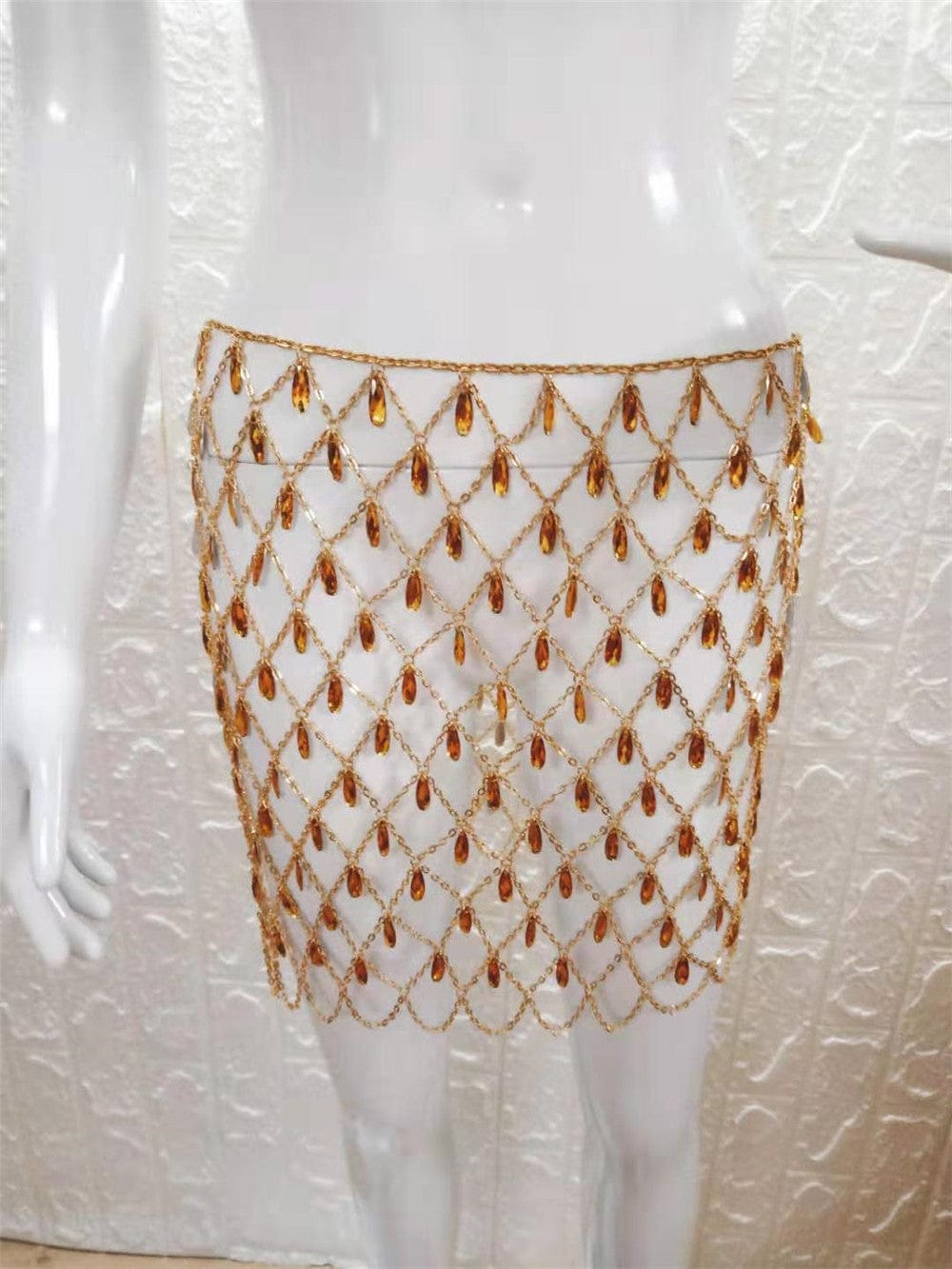 Free / Yellow Luxury Sparkly Crystal Skirt Women Sexy See Through Mesh Fishnet Hollow Out  Fashion Blingbling Rhinestones Pendant  Lady Skirt