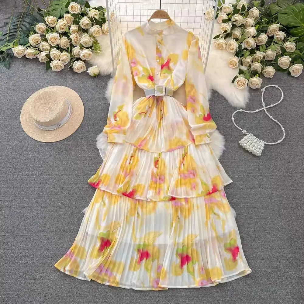 Free / Yellow One size  Spring and Autumn Long sleeved Standing Neck Waist Collection A-line Printed Dress Ruffle edge cake chiffon dress