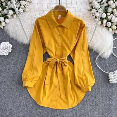 Free / Yellow One size  Spring new mid length collection waist shirt retro lapel long sleeved top