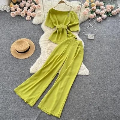 Free / Yellow Ons size Mature Girl Royal Sister Set Summer New One Shoulder Off Shoulder Top Versatile Wide Leg Pants Two Piece Set