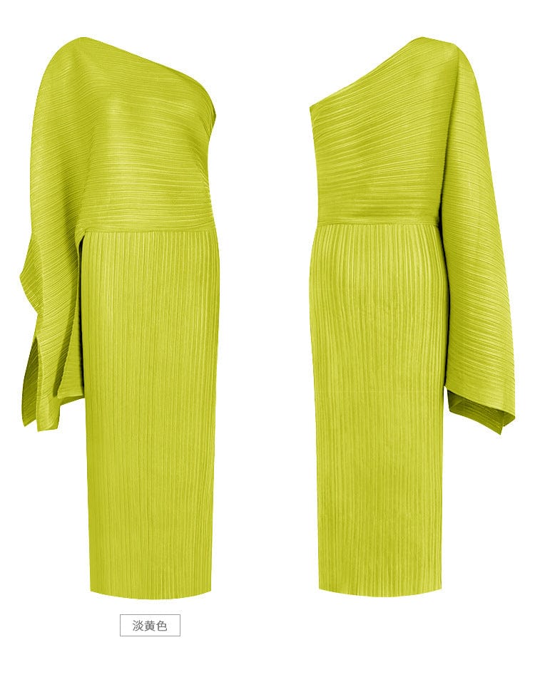 Free / Yellow OUDINA New Summer Women's Temperament Irregular Beveled High Waist Long Chiffon Pleats Casual Dresses Woman