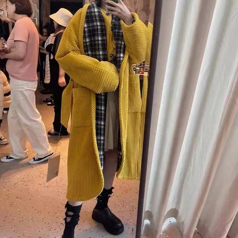 Free / Yellow OUDINA Wholesale Women's Winter Overside Plaid Contrast Color Loose Coat Trench Windbreaker Jacket Womens Long Coats