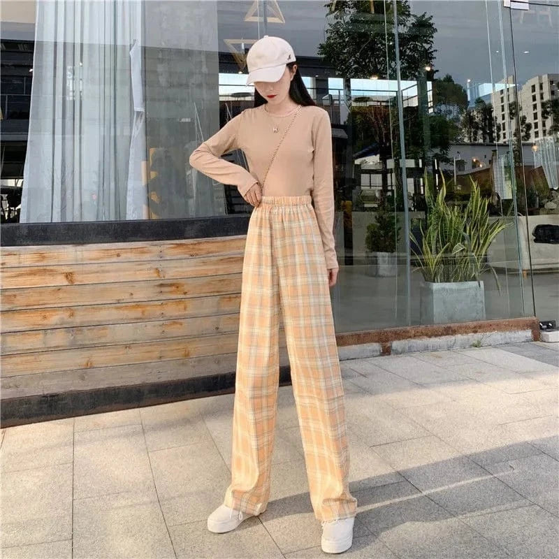 Free / Yellow Plaid wide-leg Pants Woman Loose Slim Summer Slim Straight leg Casual High-waisted Plaid Harbor Style Pants