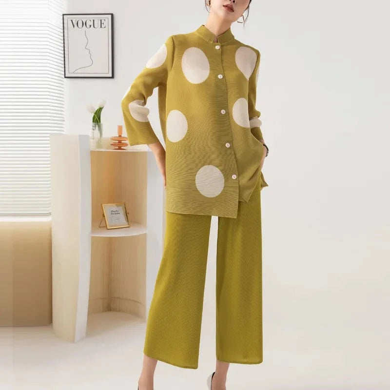 Free / Yellow Pleated Women's Suit 2024 Early Autumn New Fashion Wear Printed Single-breasted Top Straight Wide-leg Pants Two-piece Suit