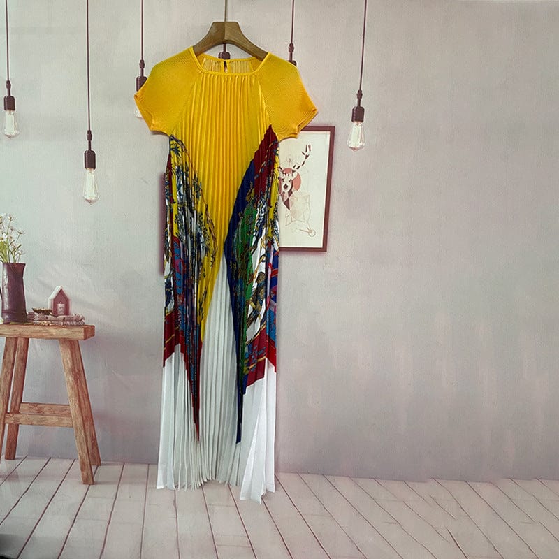 Free / Yellow Spot Summer Loose Pleated Long Size Printing Loose Casual Dress