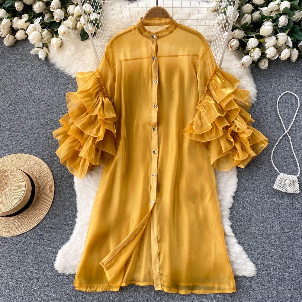 Free / Yellow Spring New European And American French Lotus Leaf Sleeve Loose Shirt Casual Dress