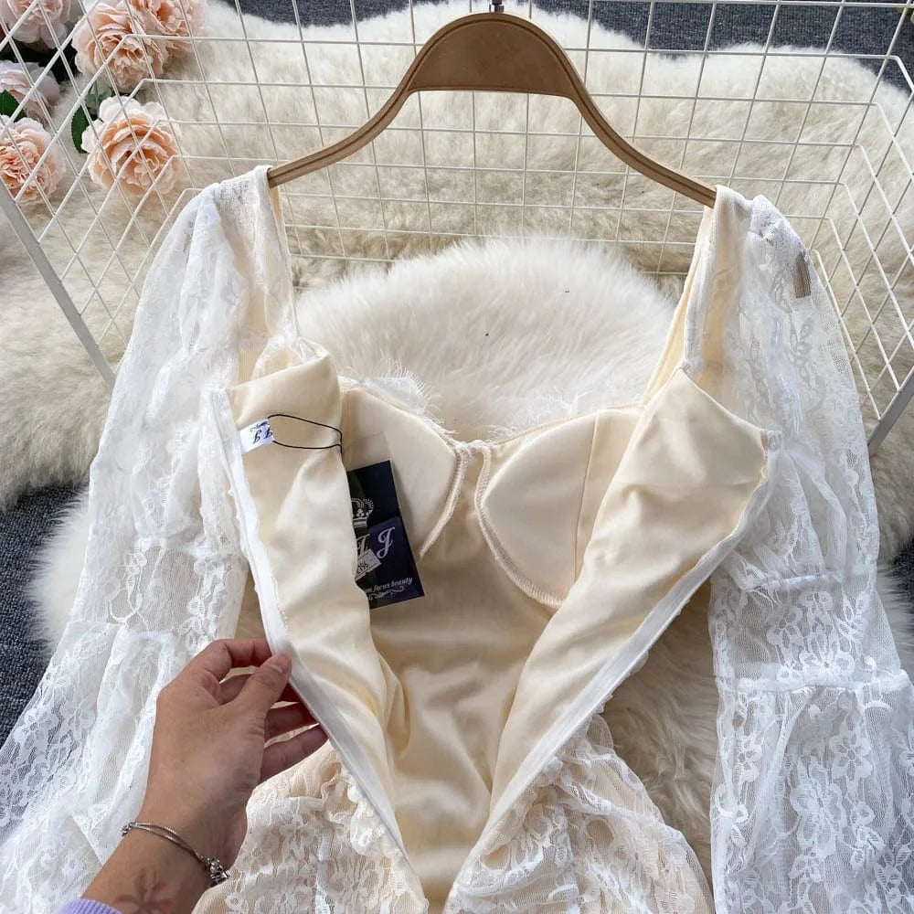 French Square Neck Lace Sheer Lantern Sleeve Skinny Mini Short Dress