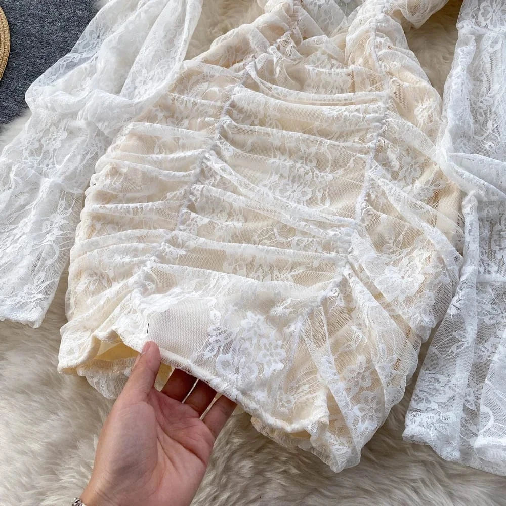 French Square Neck Lace Sheer Lantern Sleeve Skinny Mini Short Dress