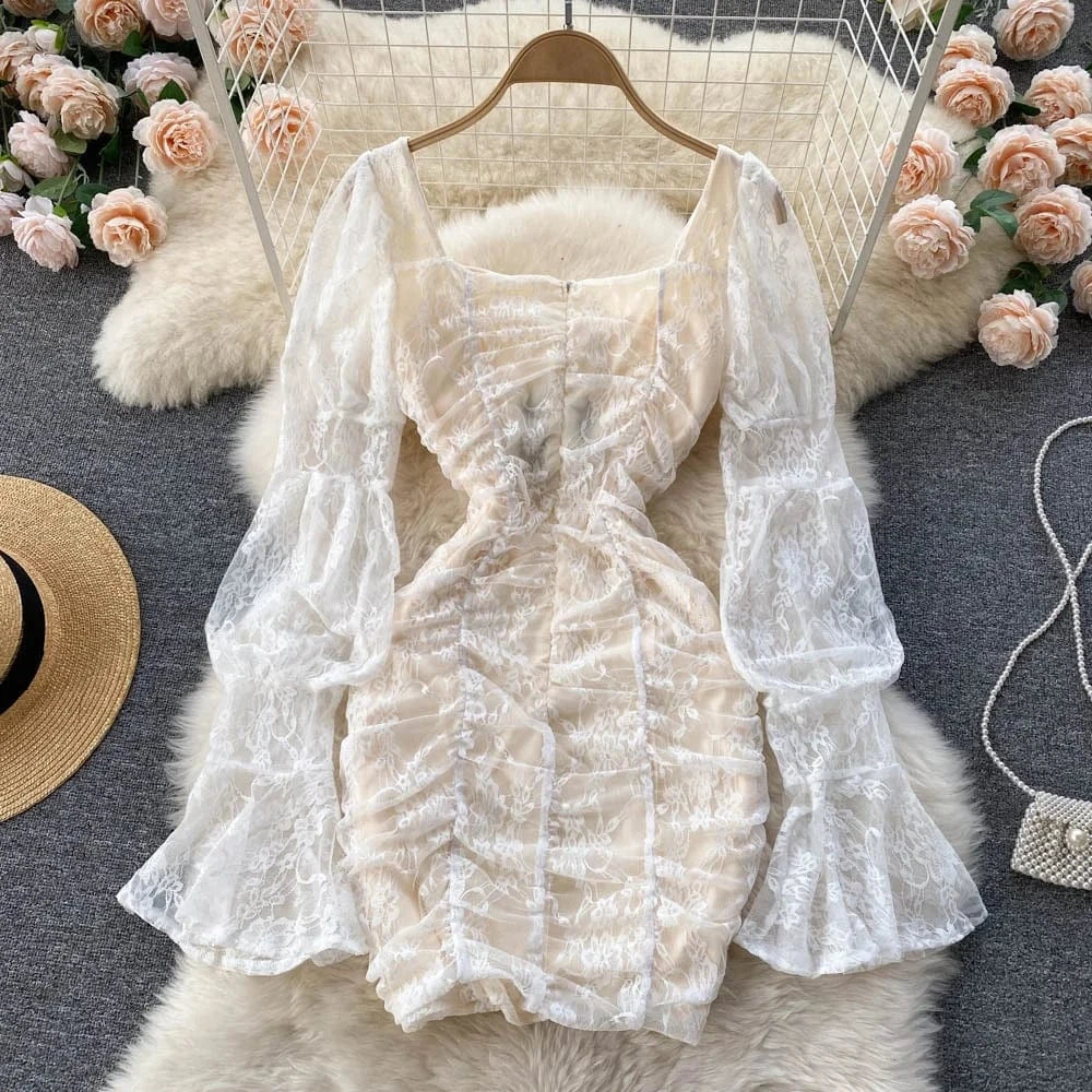 French Square Neck Lace Sheer Lantern Sleeve Skinny Mini Short Dress