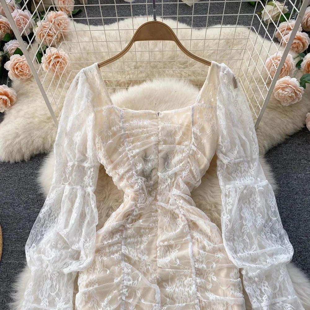 French Square Neck Lace Sheer Lantern Sleeve Skinny Mini Short Dress