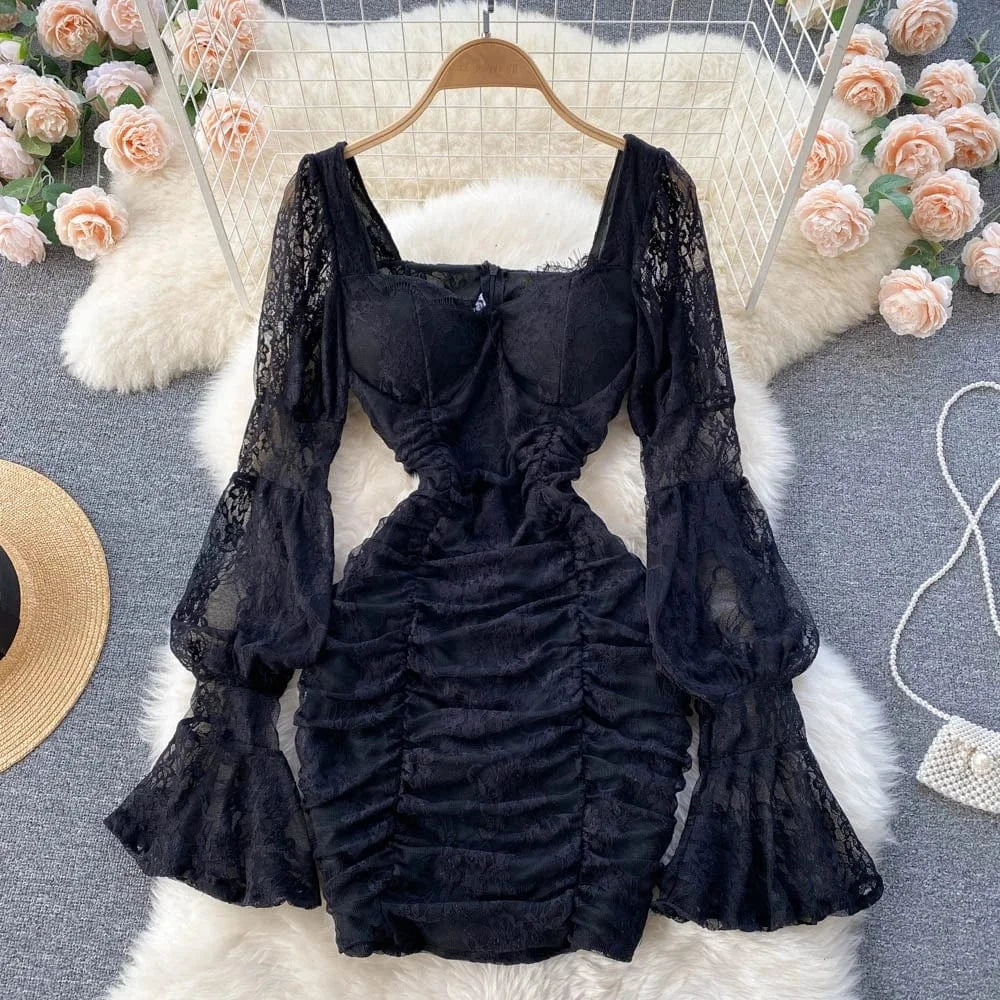 French Square Neck Lace Sheer Lantern Sleeve Skinny Mini Short Dress