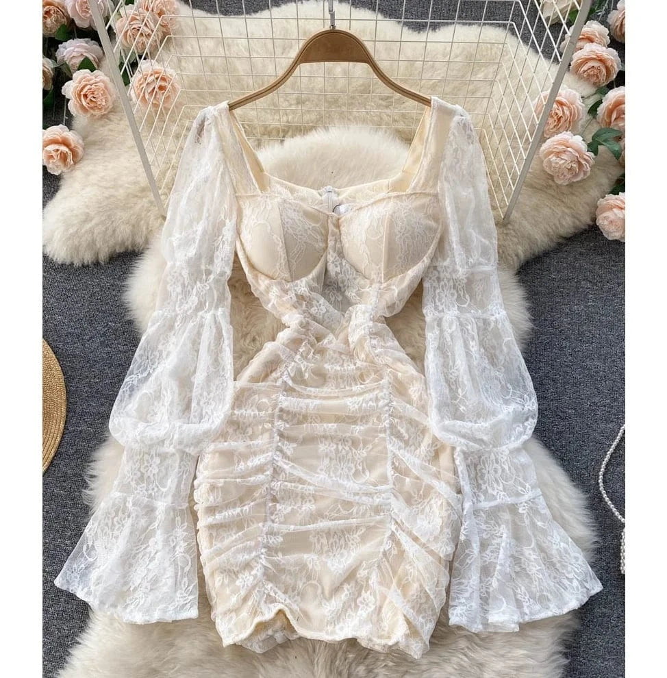 French Square Neck Lace Sheer Lantern Sleeve Skinny Mini Short Dress