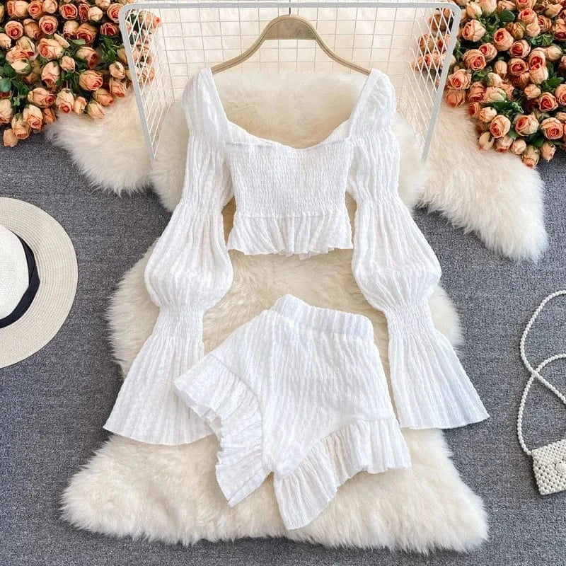 French Square Neck Short Long Sleeve Shirt Women Summer High Waist Ruffled Shorts Two Piece Set
