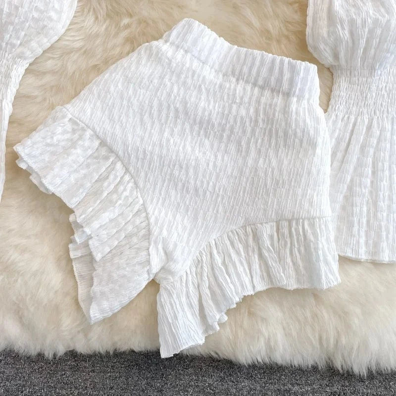 French Square Neck Short Long Sleeve Shirt Women Summer High Waist Ruffled Shorts Two Piece Set