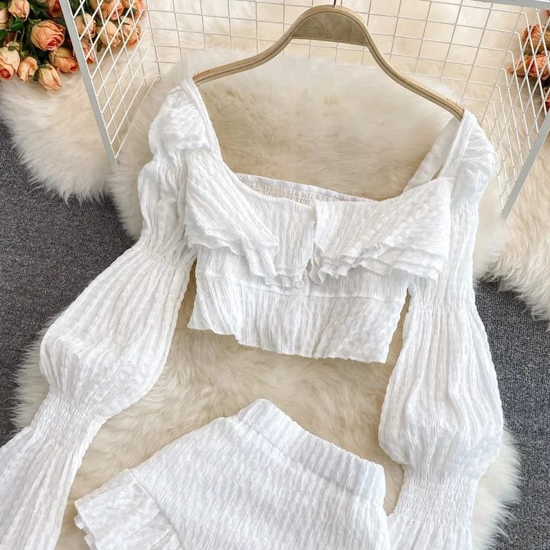 French Square Neck Short Long Sleeve Shirt Women Summer High Waist Ruffled Shorts Two Piece Set