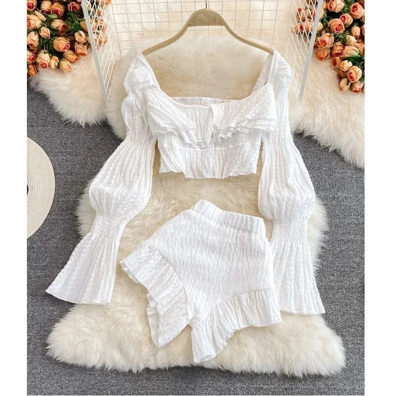 French Square Neck Short Long Sleeve Shirt Women Summer High Waist Ruffled Shorts Two Piece Set