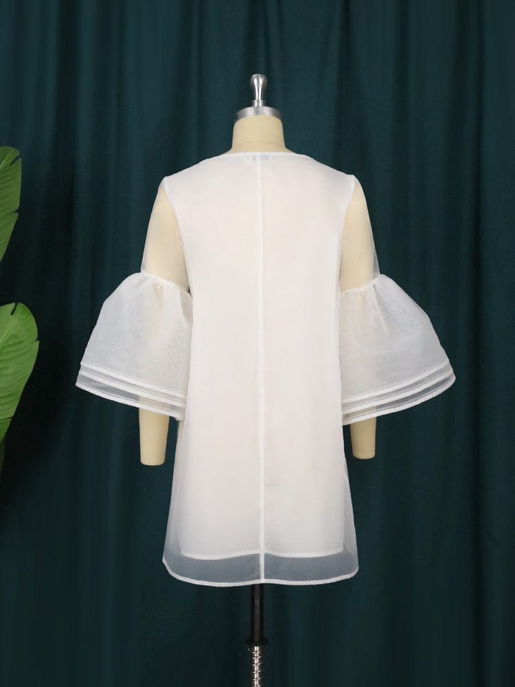 Fresh Women's Sweet Mesh Dress Pure white perspective flare sleeve white evening dresses
