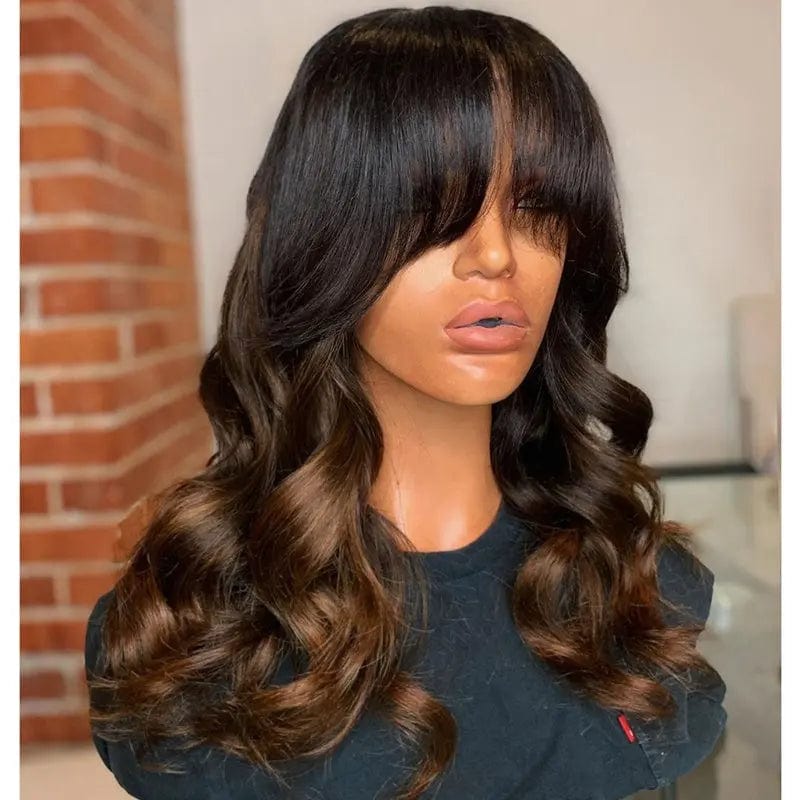 Fringe Wigs Loose Wave Ombre Brown Color Cuticle Aligned Raw Human Hair 13*4 Lace Front Wig