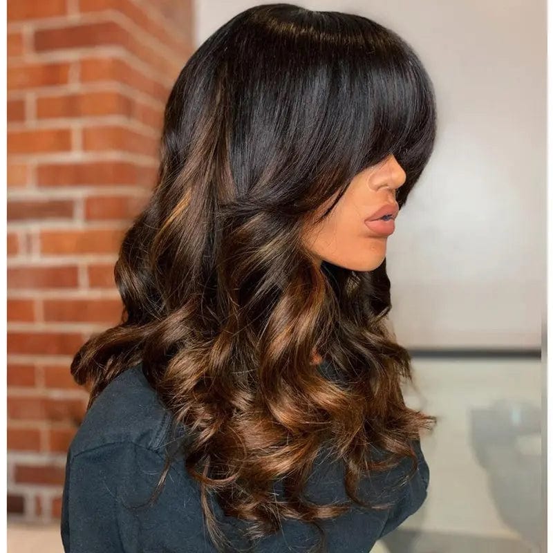 Fringe Wigs Loose Wave Ombre Brown Color Cuticle Aligned Raw Human Hair 13*4 Lace Front Wig