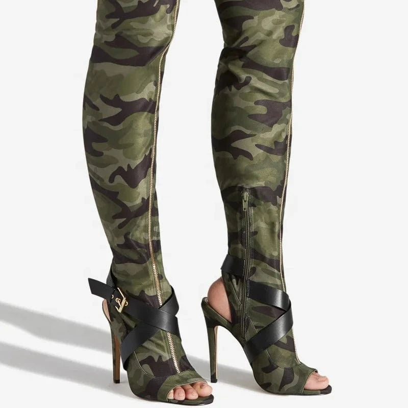 Front Zipper Women Stretchy Thigh High Boots Summer Cross Belt Buckle Long Booties Over Knee Peep Toe High Heel Camouflage Shoes