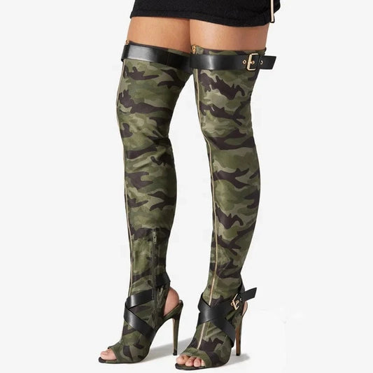 Front Zipper Women Stretchy Thigh High Boots Summer Cross Belt Buckle Long Booties Over Knee Peep Toe High Heel Camouflage Shoes