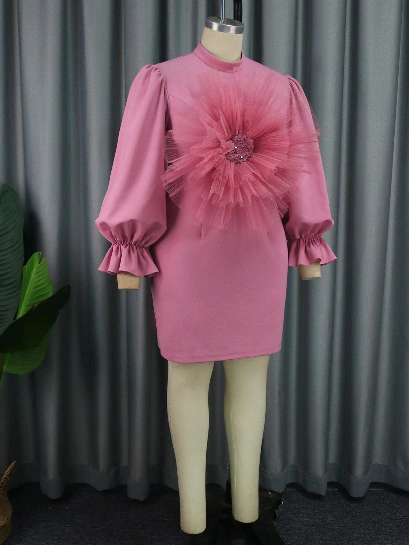 Full Flare Sleeve Mini Sequined Ruffle AOMEI Pink Women Prom Dresses