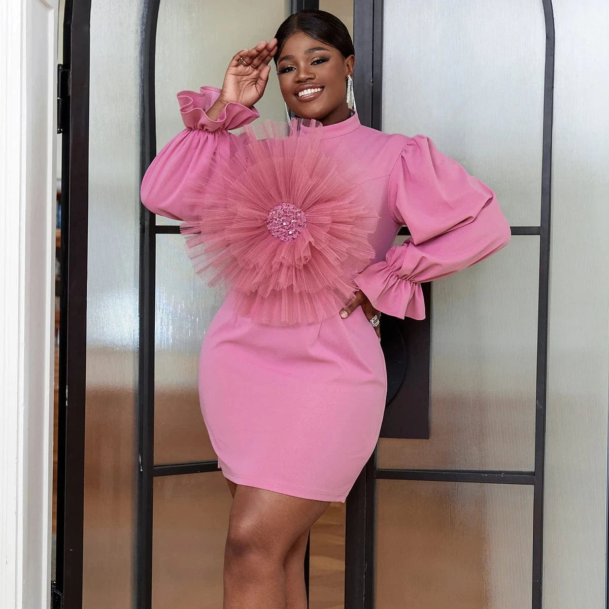 Full Flare Sleeve Mini Sequined Ruffle AOMEI Pink Women Prom Dresses