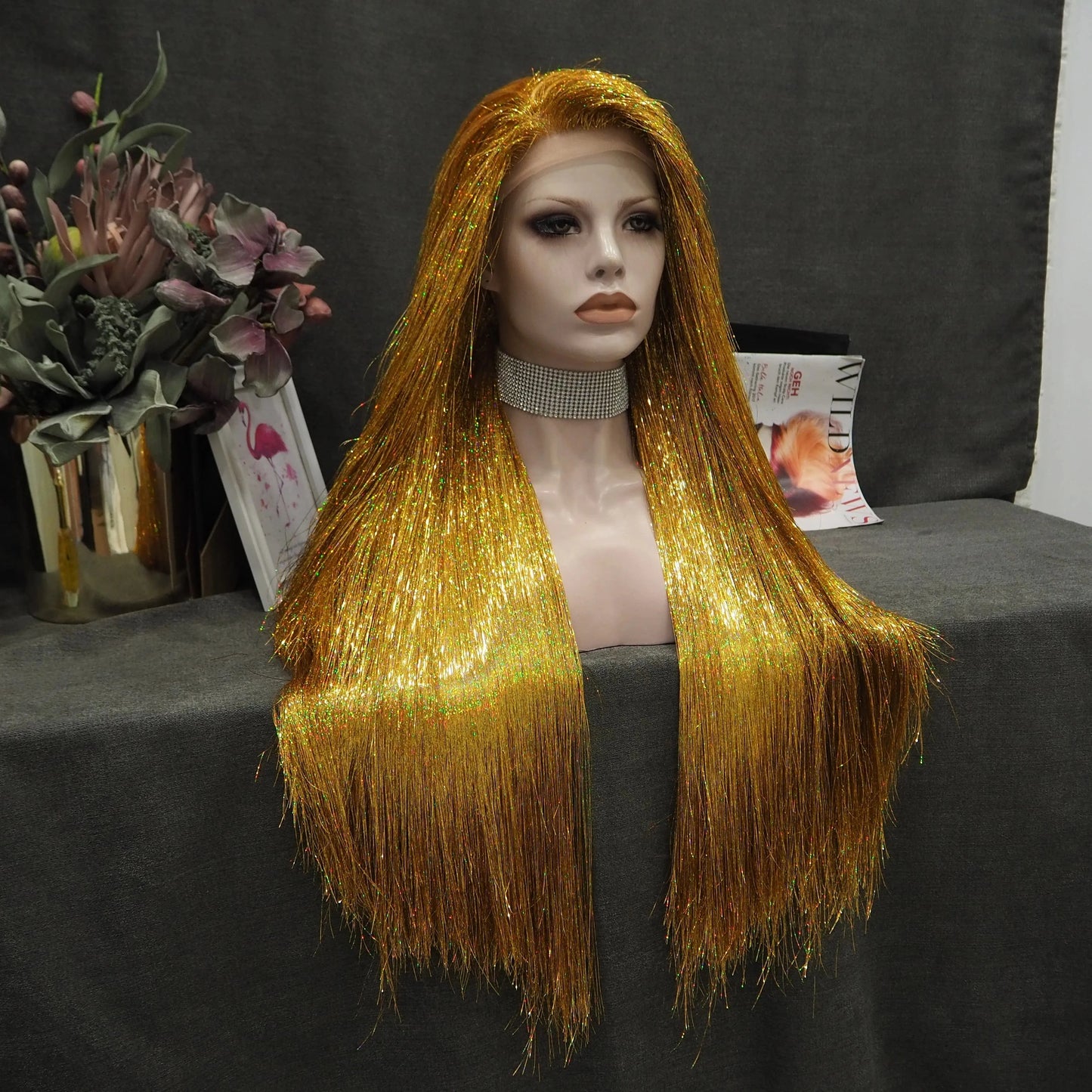 Full Tinsel Hair Lace Front Wig Glitter Silky Straight Overnight Delivery Synthetic Lace wigs