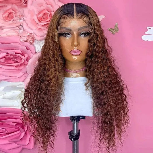 Full Virgin Brown Black Ombre Color Deep Curly Wig Pre Plucked With Baby Hair Lace Front Wigs