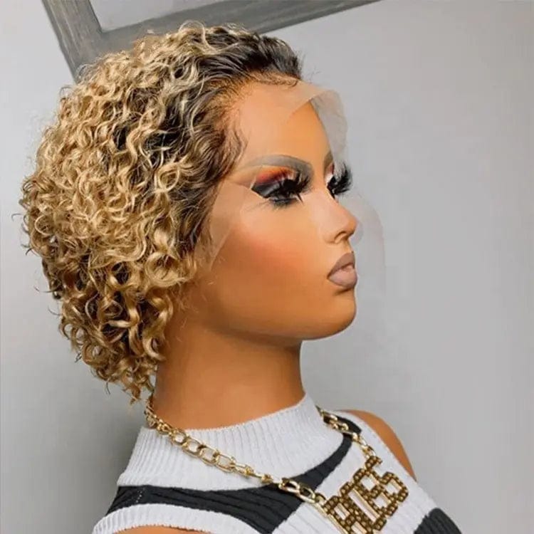 Full Virgin Human Hair Natural Black Color Kinky Curly Wig Short Pixie Pre Plucked Cuticle Aligned Lace Front Wigs