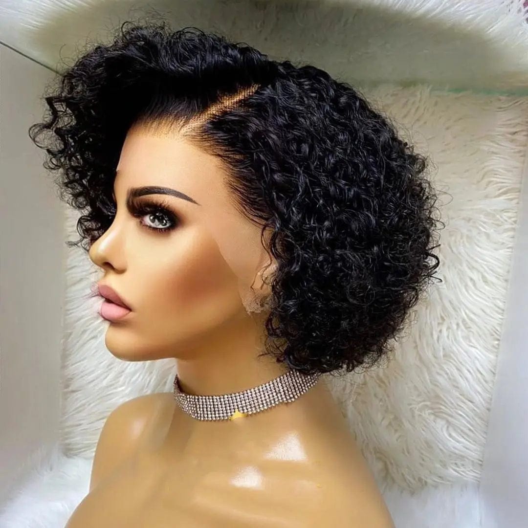 Full Virgin Human Hair Natural Black Color Kinky Curly Wig Short Pixie Pre Plucked Cuticle Aligned Lace Front Wigs
