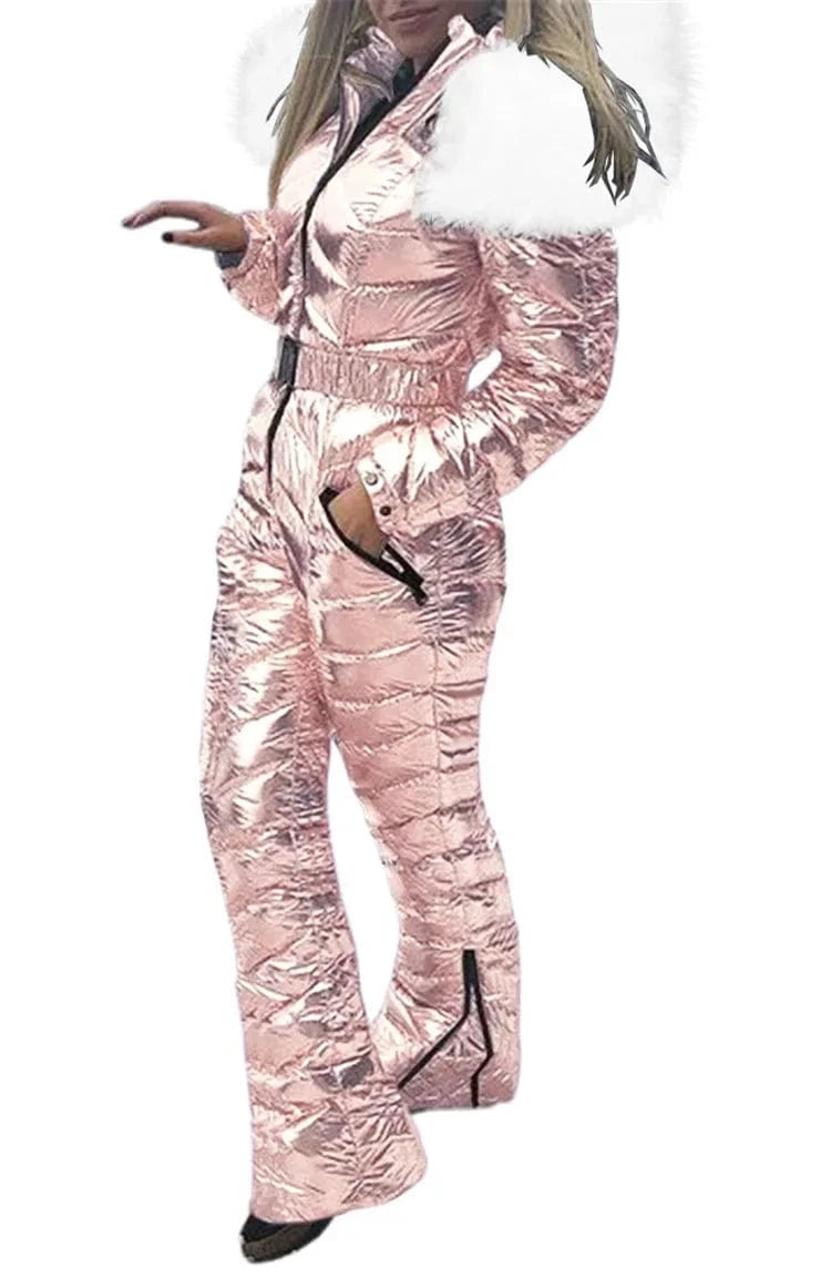 Fur Hooded Ski Jumpsuit Women Winter Long Sleeve Cotton Padded Coat Slim Fit Quilted Parka Zip Up One Piece Snowsuit
