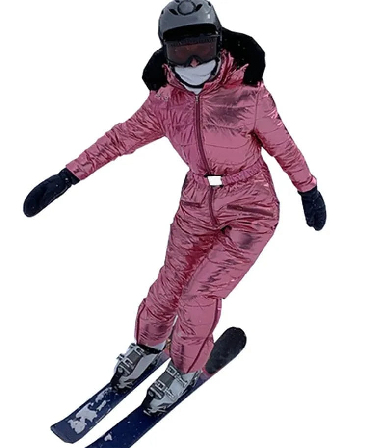 Fur Hooded Ski Jumpsuit Women Winter Long Sleeve Cotton Padded Coat Slim Fit Quilted Parka Zip Up One Piece Snowsuit